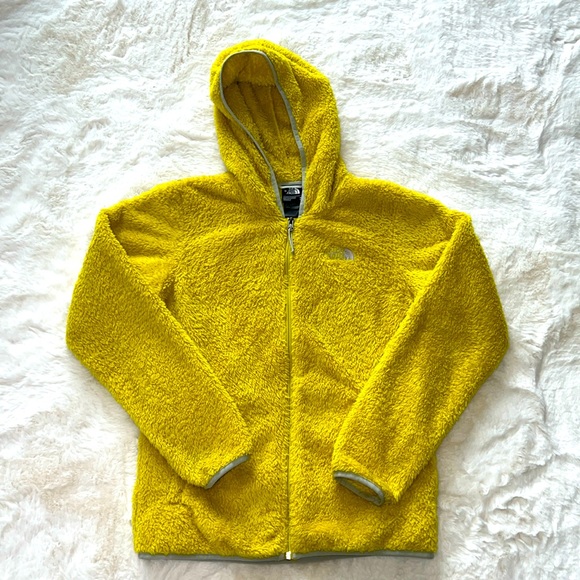 Fuzzy bright yellow north face hoodie zip up, size medium - Picture 2 of 5